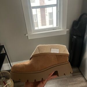 Tan Suede Platform Ankle Boots with Cream Lining
